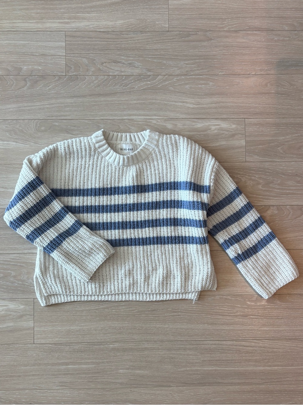 Soft Cream Crewneck Sweater with Blue Stripes